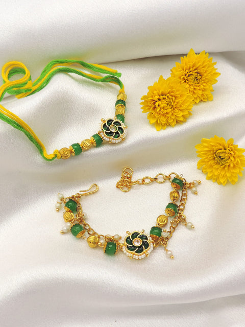 Kundan floral green bead bhaiya bhabhi rakhi set by Joyrias