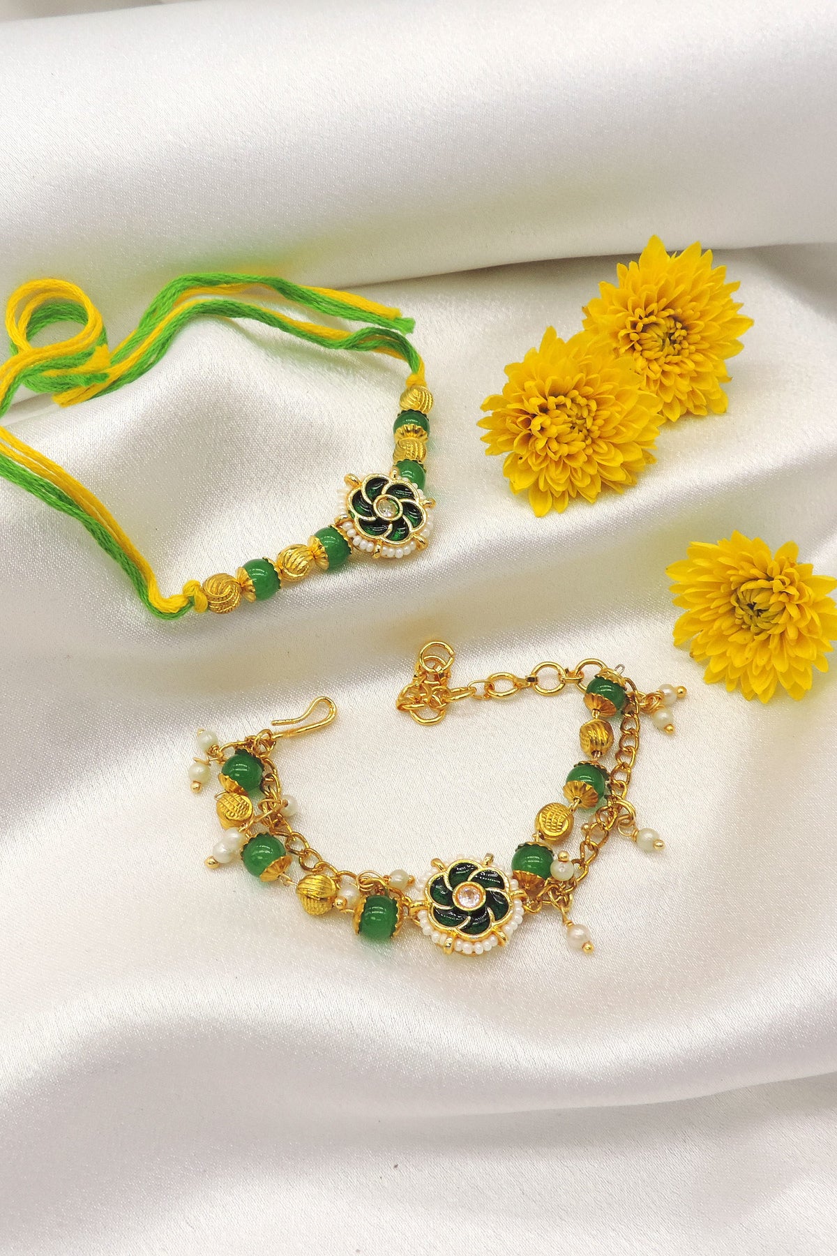 Kundan floral green bead bhaiya bhabhi rakhi set by Joyrias