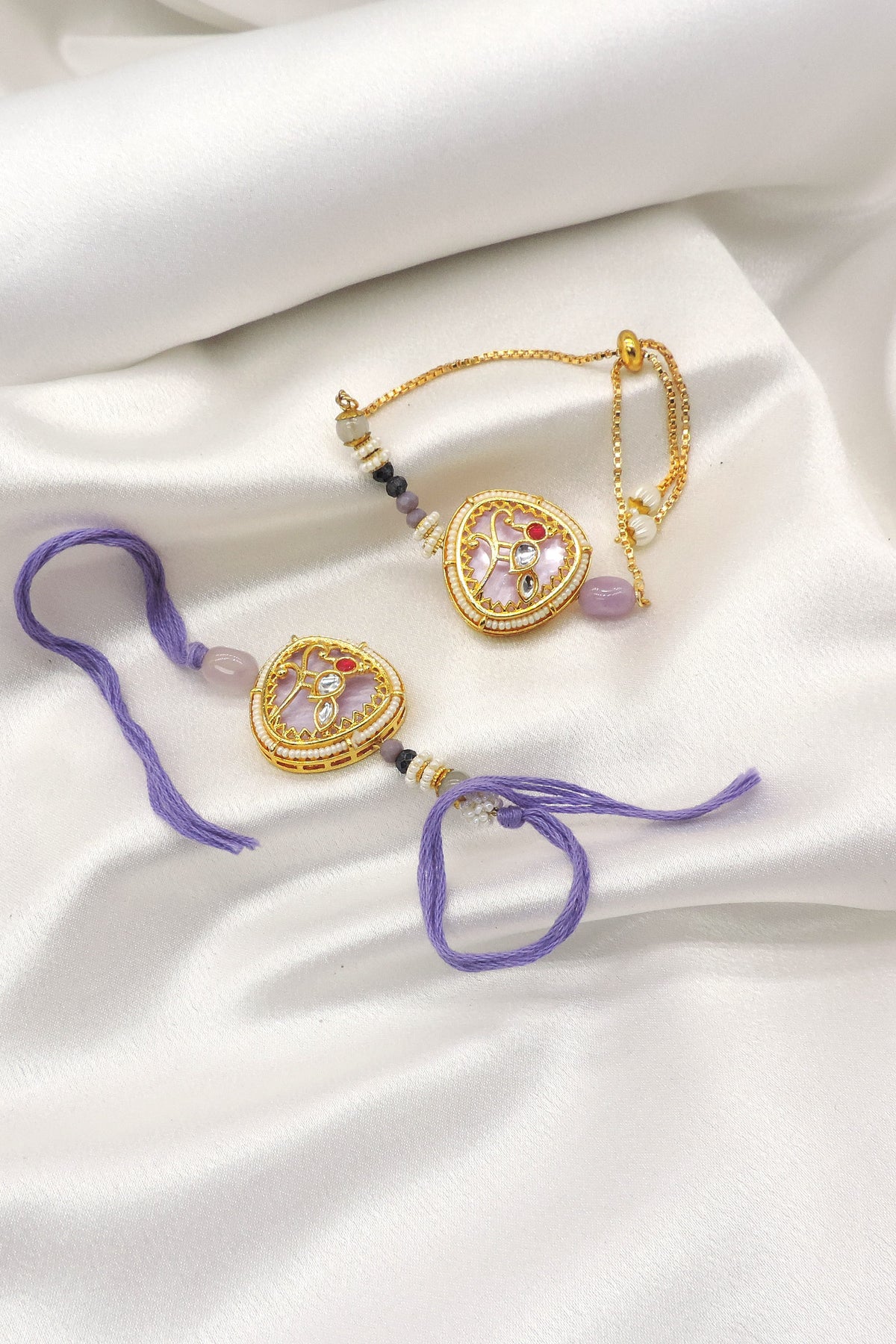 Kundan heart pearl bhaiya bhabhi rakhi set by Joyrias
