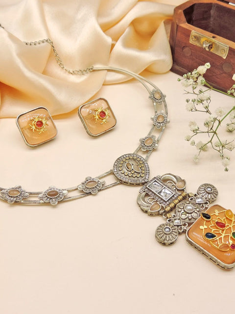 Vintage enamel pendant necklace set – antique silver Indian necklace for ethnic wear – Joyrias