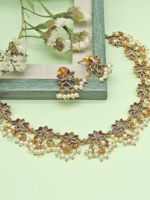 Lotus fringe necklace set with pearls – Indian temple lotus necklace USA – Joyrias