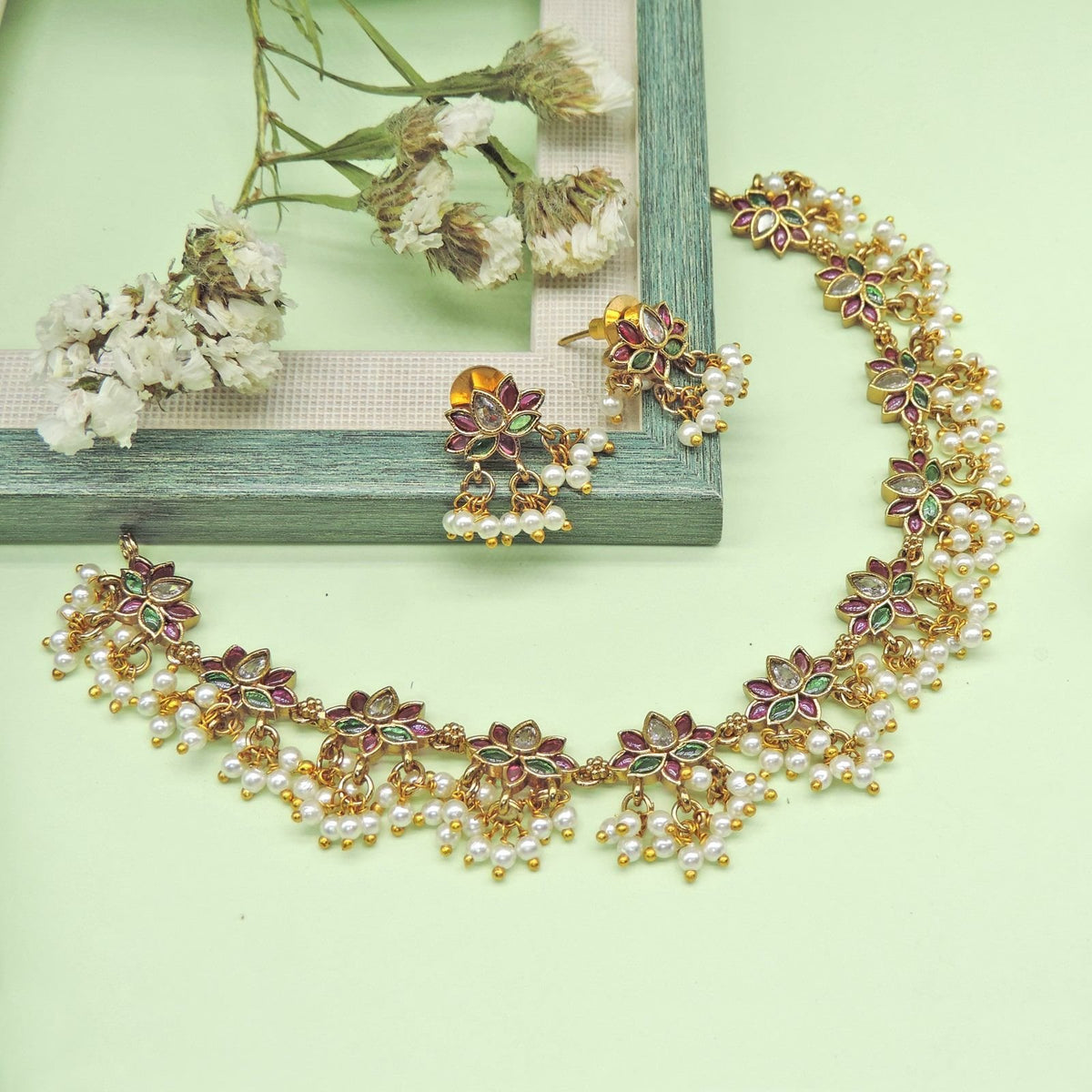 Lotus Fringe Necklace Set with Pearls Image 0