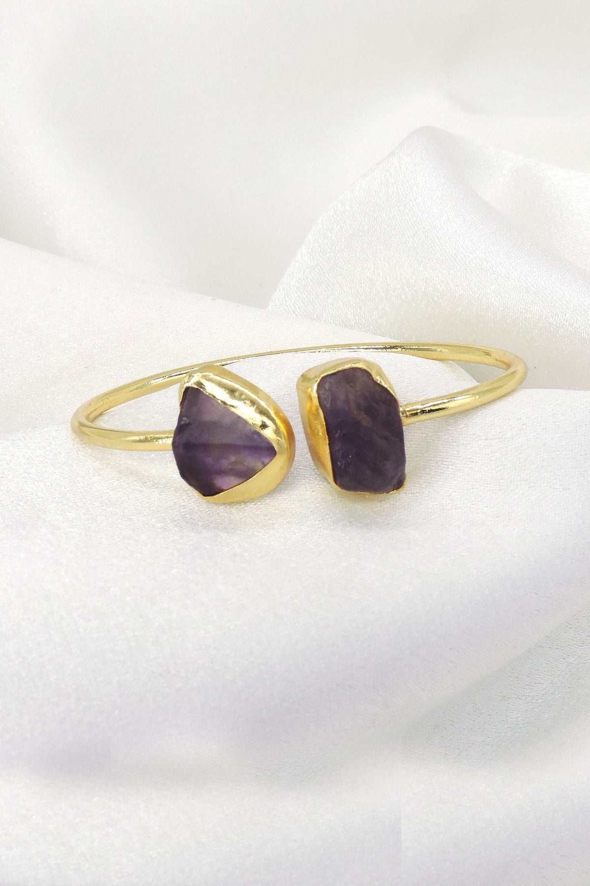Raw Citrine & Amethyst Open Cuff Bracelet | Gold Plated Gemstone Jewelry