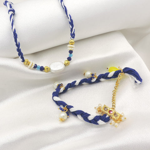 Baroque pearl kundan braided bhaiya bhabhi rakhi set by Joyrias