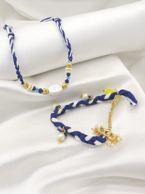 Baroque pearl kundan braided bhaiya bhabhi rakhi set by Joyrias