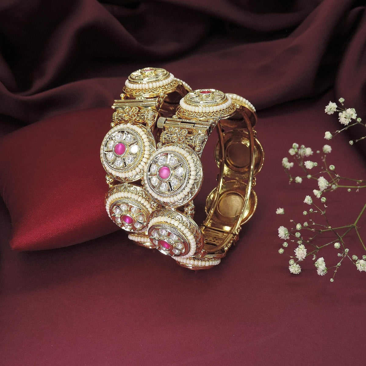 Antique Gold-Plated Openable Bangles with Kundan & Ruby Red Stones Image 0