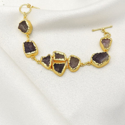 Raw Amethyst Stone Bracelet in Gold | Natural Statement Cuff Bracelet