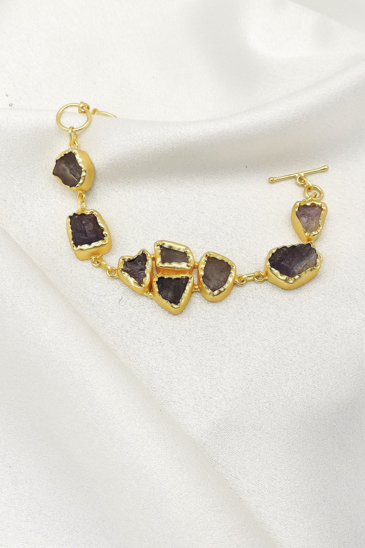 Raw Amethyst Stone Bracelet in Gold | Natural Statement Cuff Bracelet