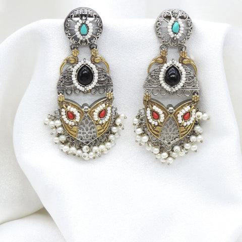 Oxidized dual-tone multicolor floral drop earrings with turquoise black red and pearl detailing by joyrias
