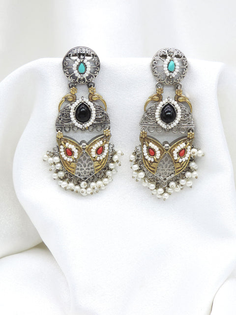 Oxidized dual-tone multicolor floral drop earrings with turquoise black red and pearl detailing by joyrias