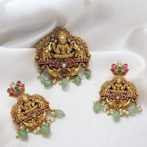 Divine Lotus Lakshmi Green Pendant Set by Joyrias
