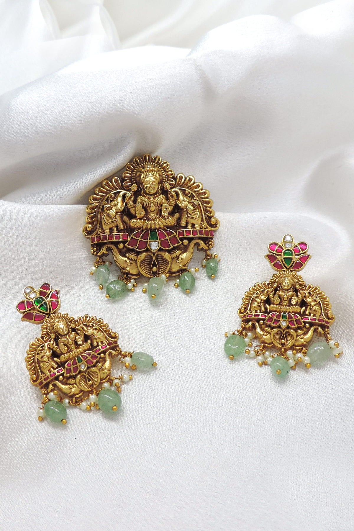 Divine Lotus Lakshmi Green Pendant Set by Joyrias