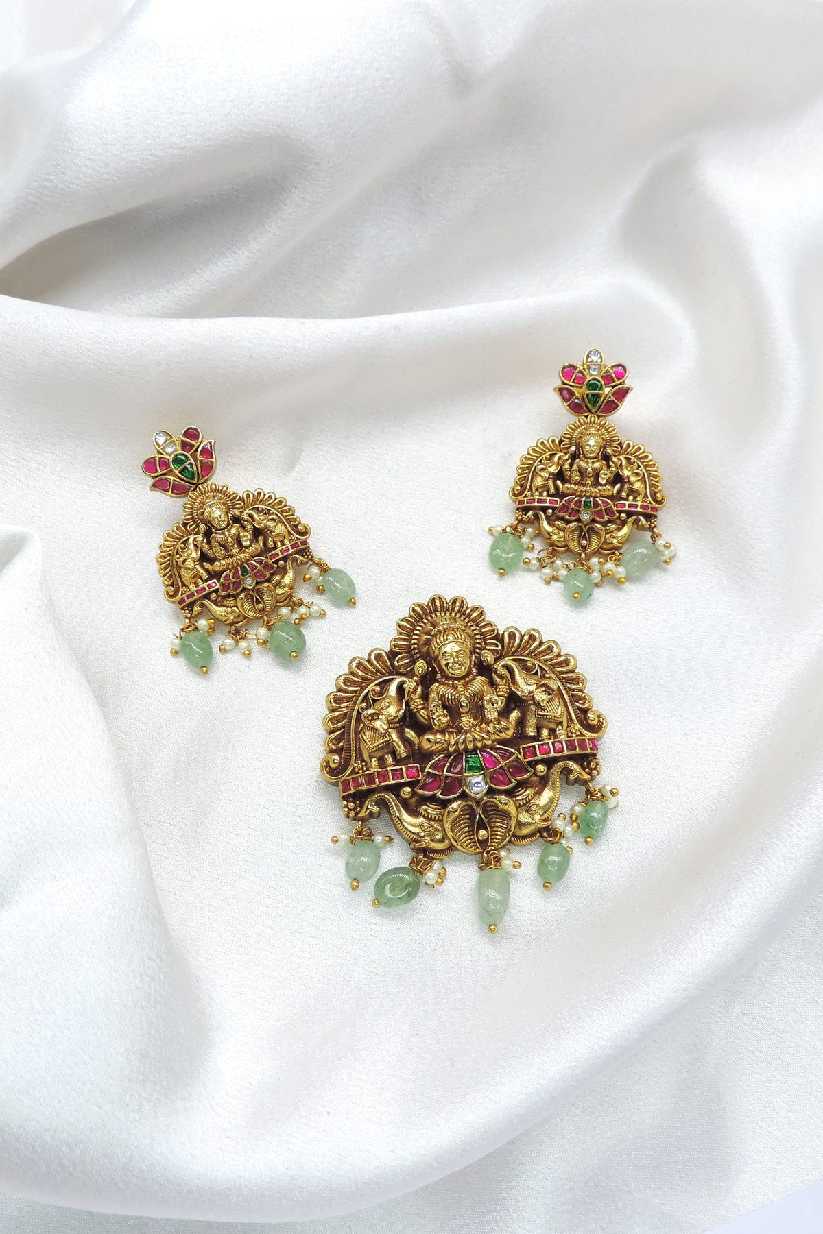 Divine Lakshmi Lotus Green Temple Jewelry Set by Joyrias