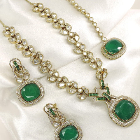 Emerald Kundan AD Necklace Set with Matching Earrings & Maang Tikka by Joyrias
