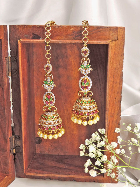 Designer long AD stone jhumkas with pearls – Indian bridal jhumka earrings USA – Joyrias