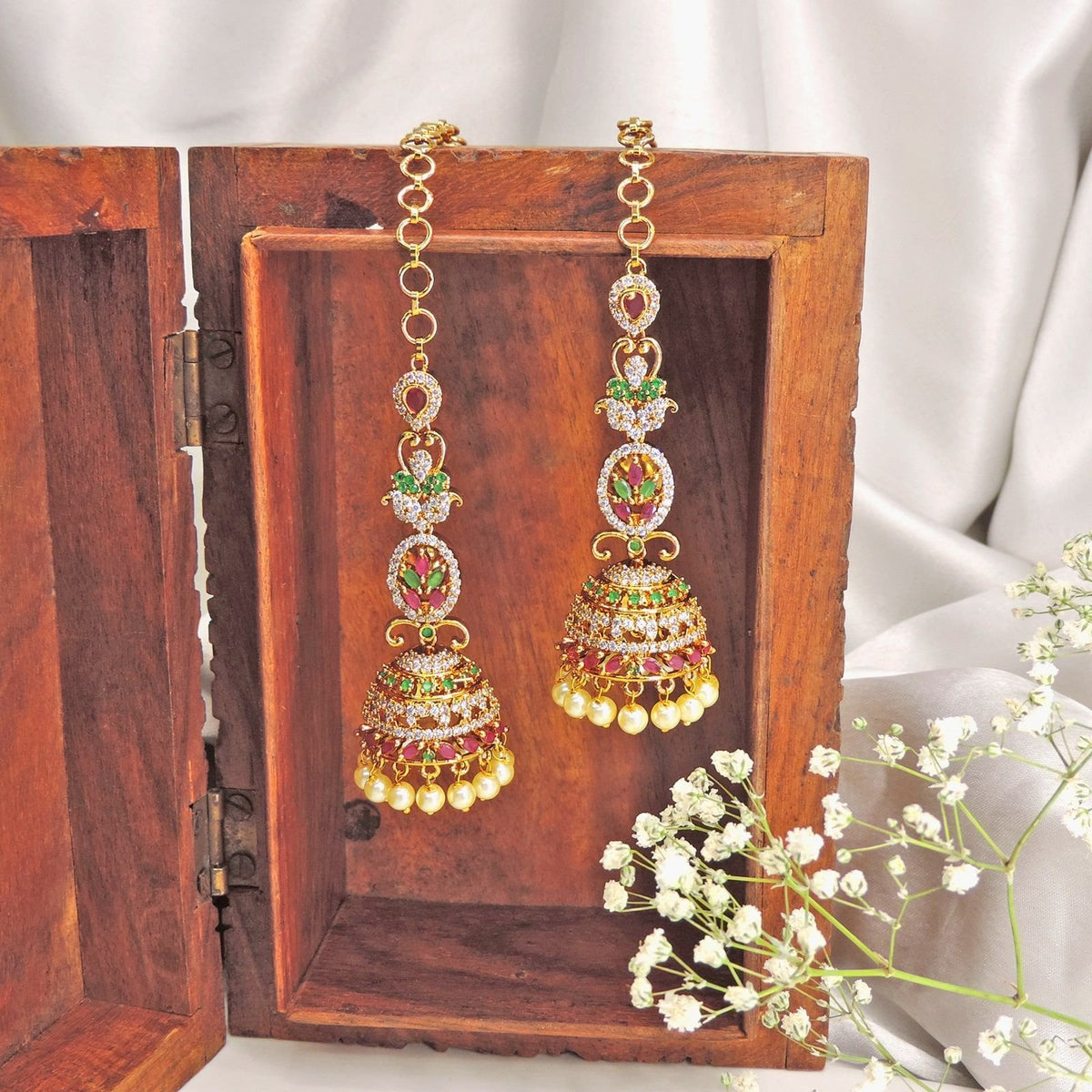 Designer long AD stone jhumkas with pearls – Indian bridal jhumka earrings USA – Joyrias