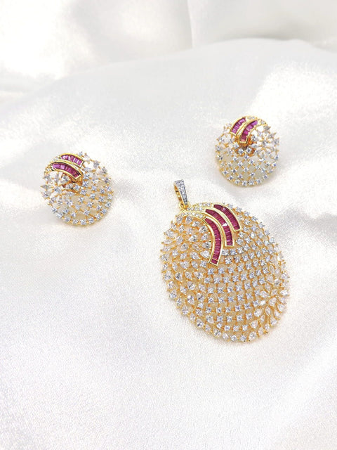 Elegant CZ Oval Pendant Set with Ruby Accents