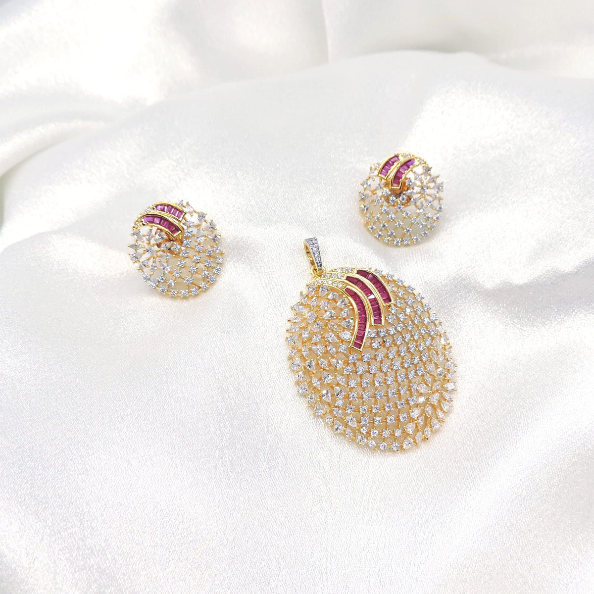 Elegant CZ Oval Pendant Set with Ruby Accents