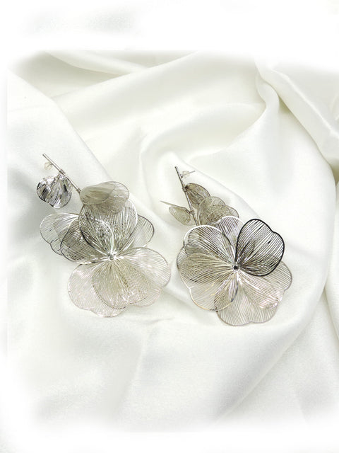 Silver floral drop earrings with layered petal design