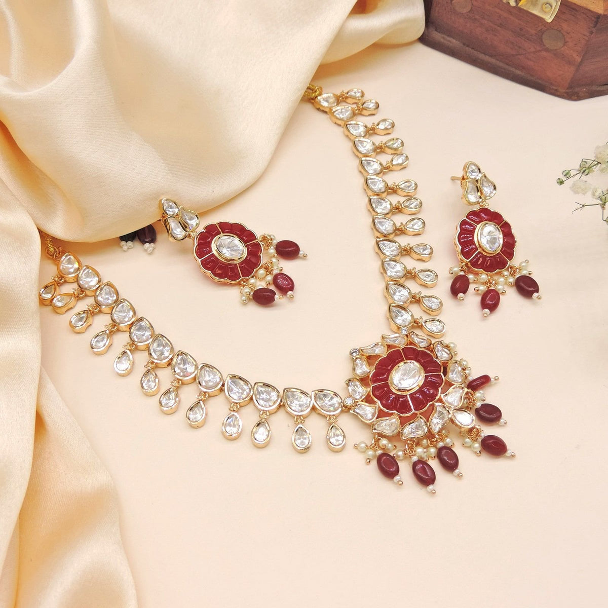 Ruby and Polki Kundan necklace set – Indian Polki Kundan bridal necklace USA – Joyrias