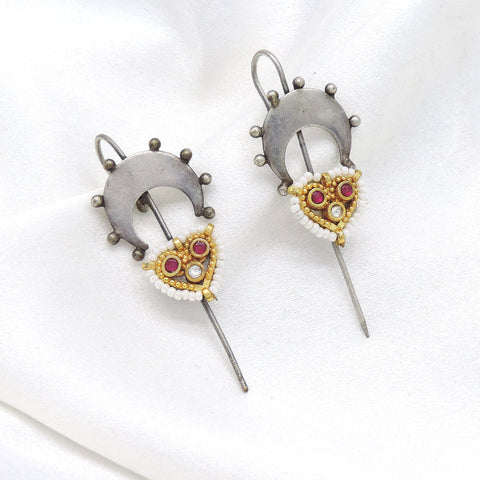 Oxidized silver ruby pearl ear cuff earrings with traditional detailing by joyrias