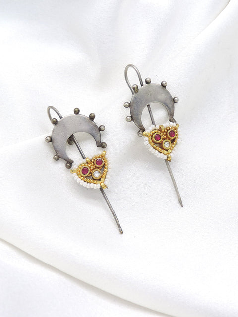 Oxidized silver ruby pearl ear cuff earrings with traditional detailing by joyrias
