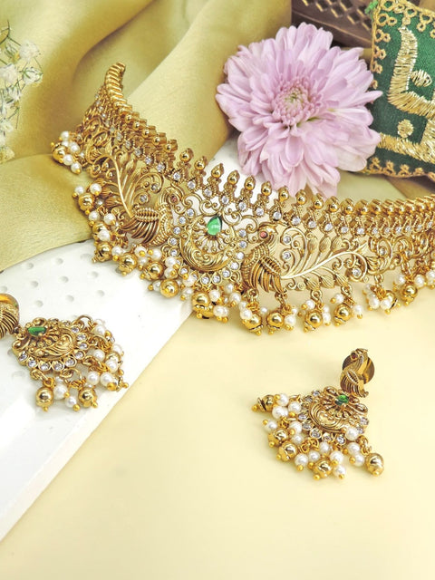 Grand peacock temple choker set – South Indian peacock necklace for weddings USA – Joyrias