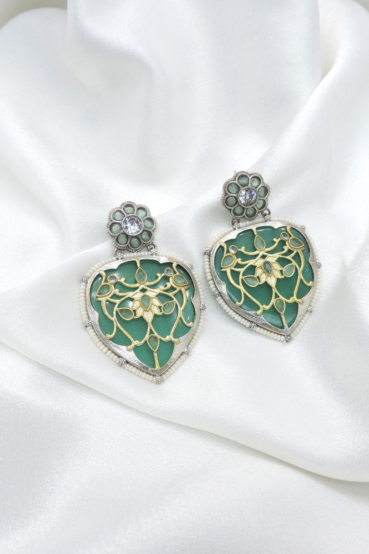 Oxidized Silver Blue Enamel Floral Drop Earrings