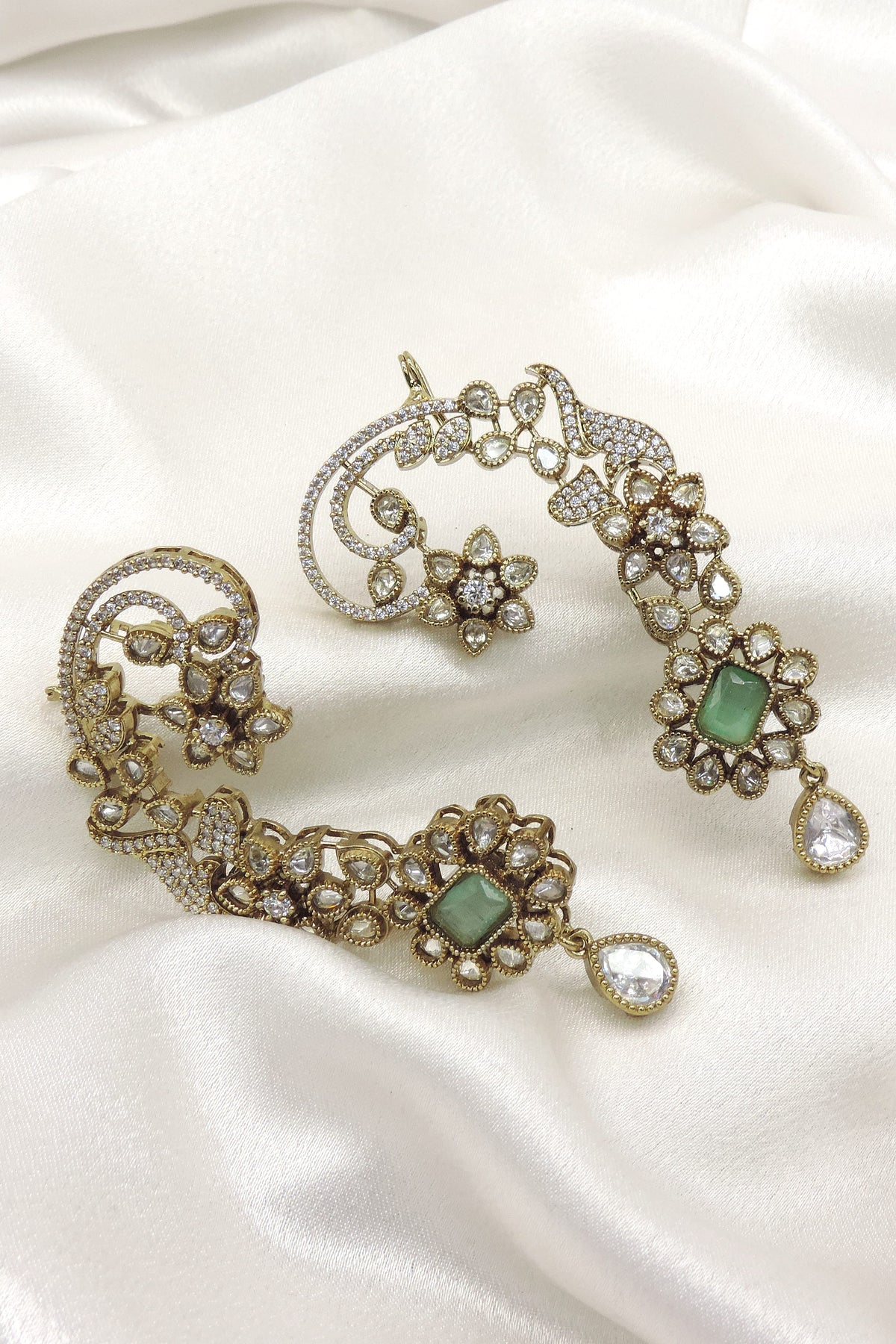 Emerald Kundan Ear Cuff Earrings by Joyrias
