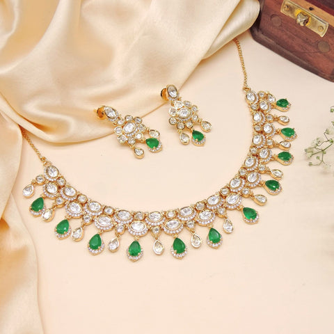 Emerald green stone Kundan necklace set – Indian Kundan necklace for weddings USA – Joyrias
