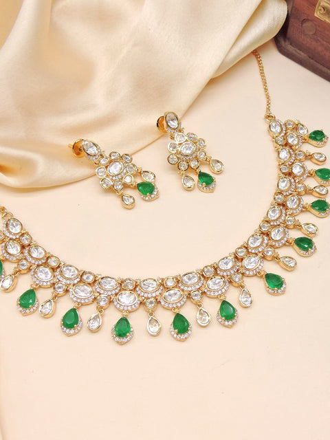 Emerald green stone Kundan necklace set – Indian Kundan necklace for weddings USA – Joyrias