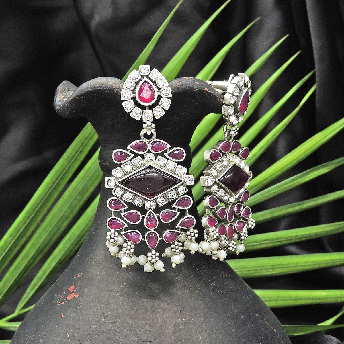 Pink Stone Oxidized AD Pearl Drop Earrings