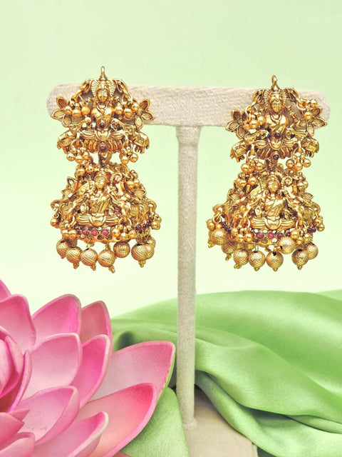 Lakshmi double tier temple jhumkas – South Indian temple jhumka earrings USA – Joyrias