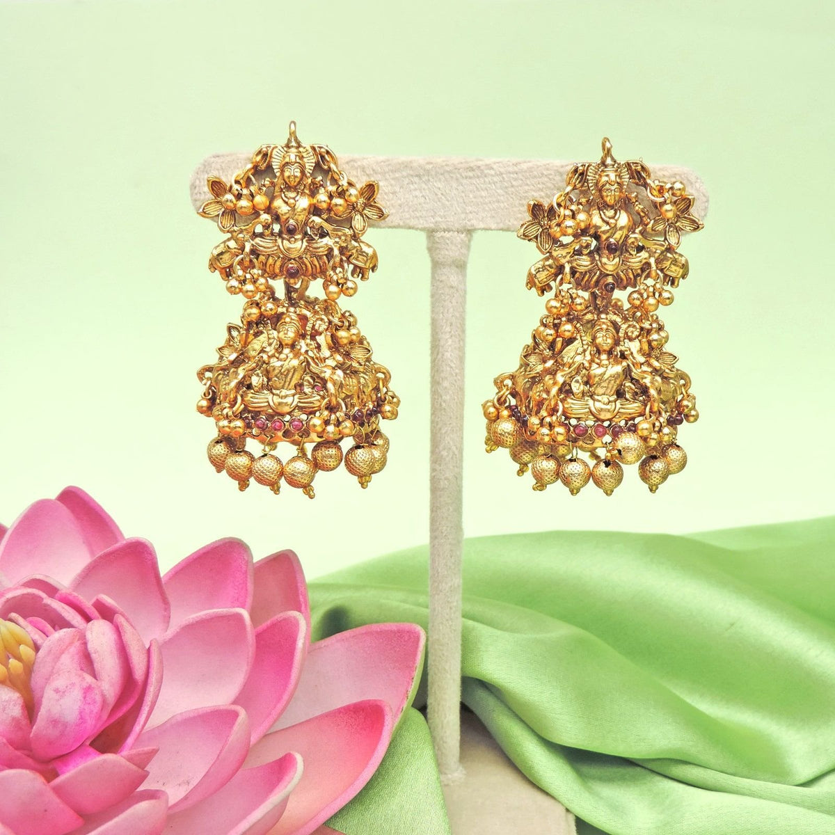 Lakshmi double tier temple jhumkas – South Indian temple jhumka earrings USA – Joyrias