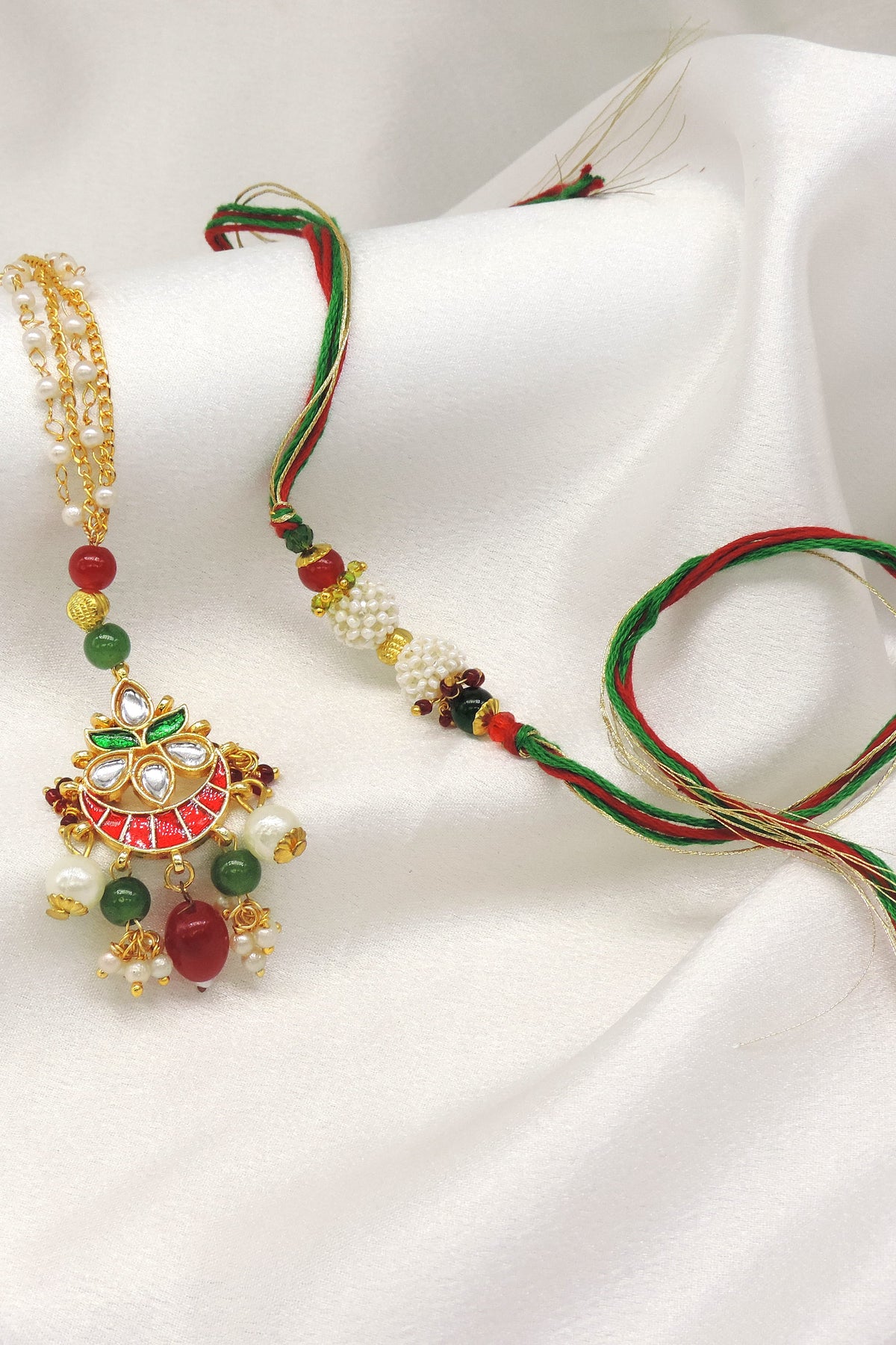 Multicolor Kundan Crescent Pearl Bhaiya Bhabhi Rakhi Set