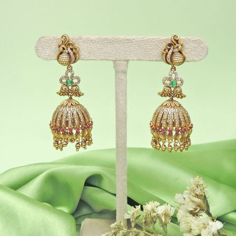 Traditional peacock jhumka earrings with green and ruby stones – Indian temple earrings USA – Joyrias