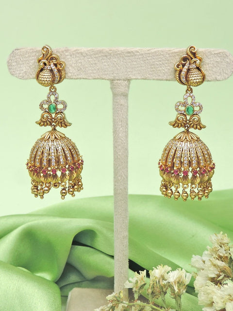 Traditional peacock jhumka earrings with green and ruby stones – Indian temple earrings USA – Joyrias
