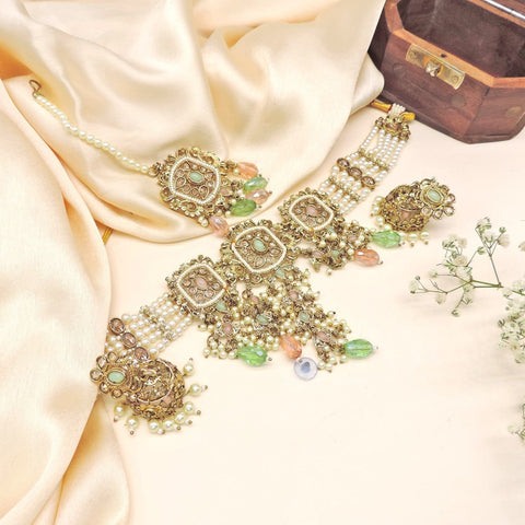 Antique multicolor Kundan necklace set – Indian Kundan necklace for festive wear USA – Joyrias