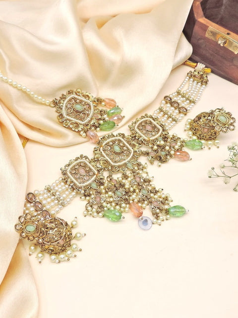 Antique multicolor Kundan necklace set – Indian Kundan necklace for festive wear USA – Joyrias