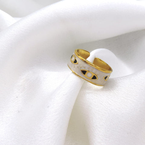 White Evil Eye Adjustable Ring by Joyrias