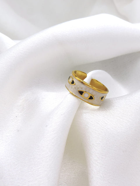White Evil Eye Adjustable Ring by Joyrias