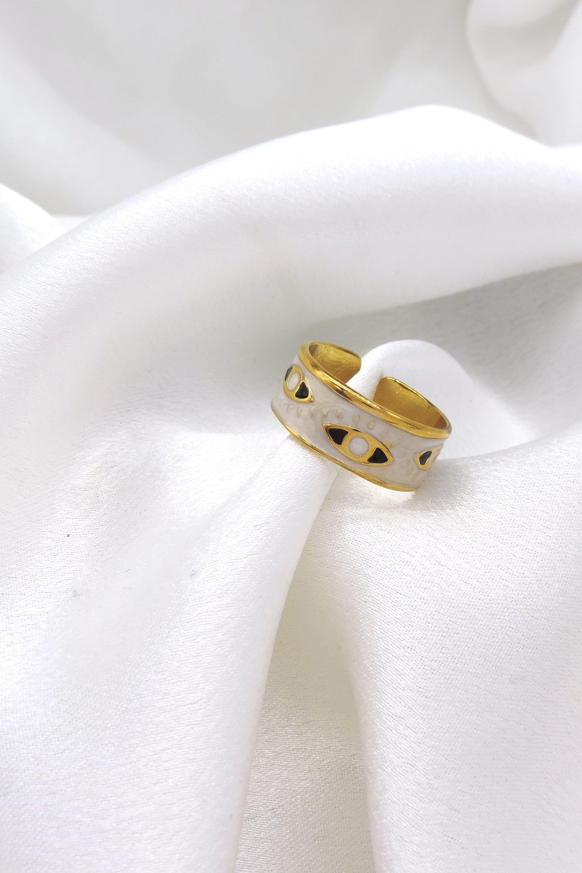 White Evil Eye Adjustable Ring by Joyrias