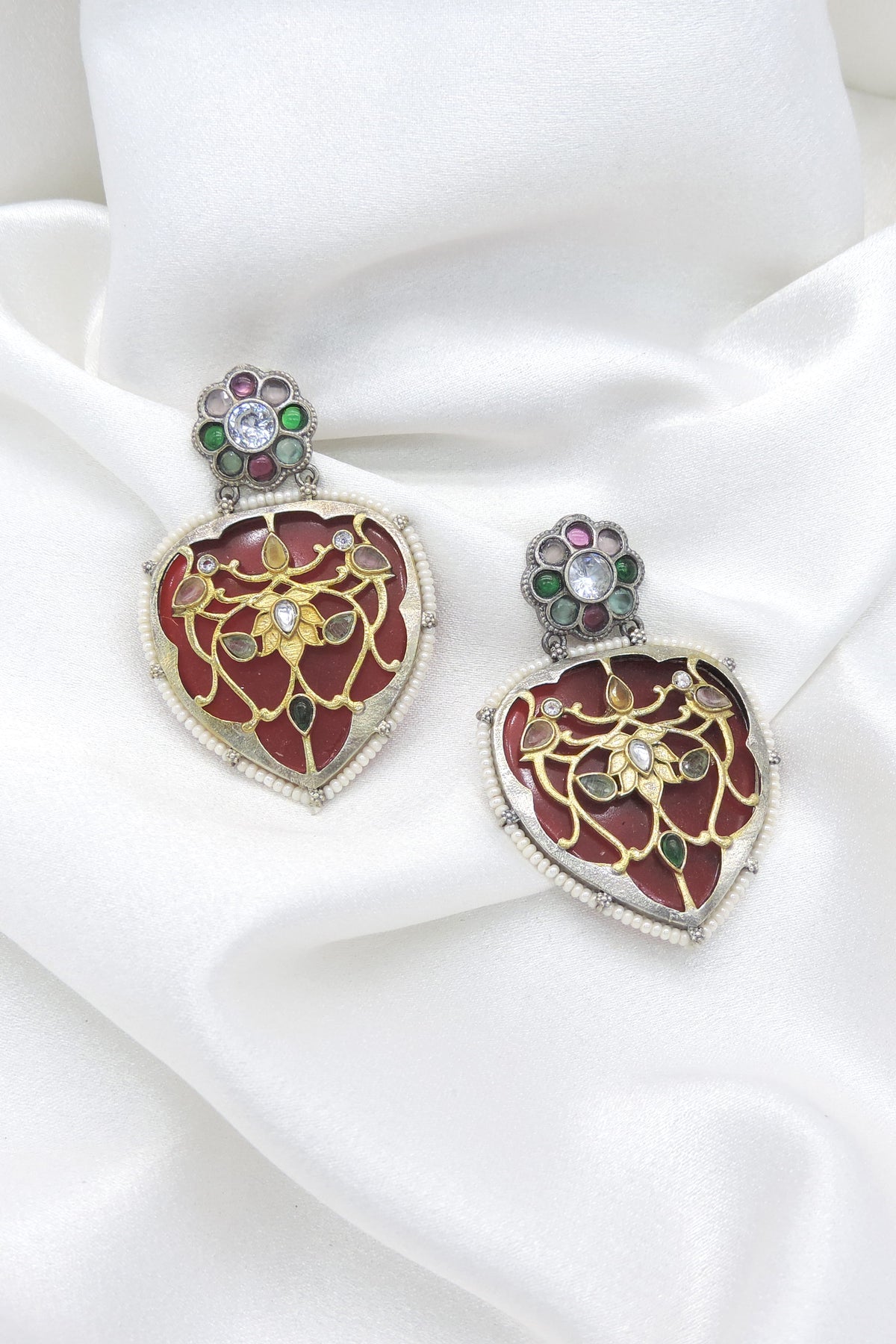 Oxidized Silver Blue Enamel Floral Drop Earrings
