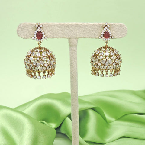 Designer AD stone jhumka earrings with ruby stud – Indian bridal jhumka USA – Joyrias