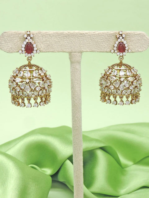 Designer AD stone jhumka earrings with ruby stud – Indian bridal jhumka USA – Joyrias