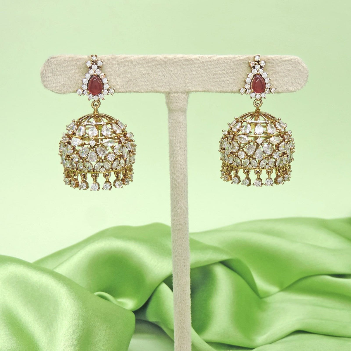 Designer AD stone jhumka earrings with ruby stud – Indian bridal jhumka USA – Joyrias