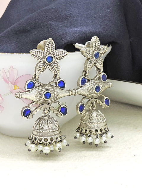 Blue Stone Oxidized Jhumka Earrings with Pearl Drops