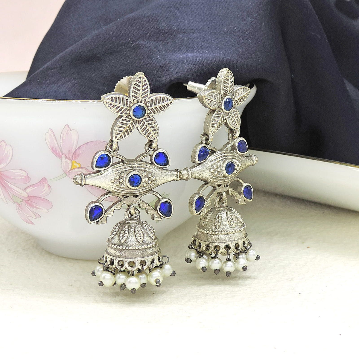 Blue Stone Oxidized Jhumka Earrings with Pearl Drops