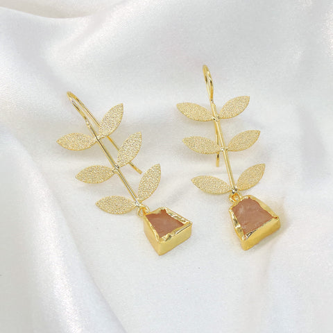 Gold leaf drop earrings with Rose Quartz
