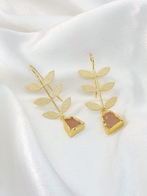 Gold leaf drop earrings with Rose Quartz